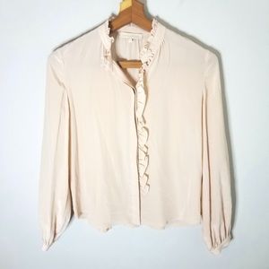 Vanessa Bruno Silk Button Front Blouse Shirt Nude Sand Pink Tan Ruffles 38 0